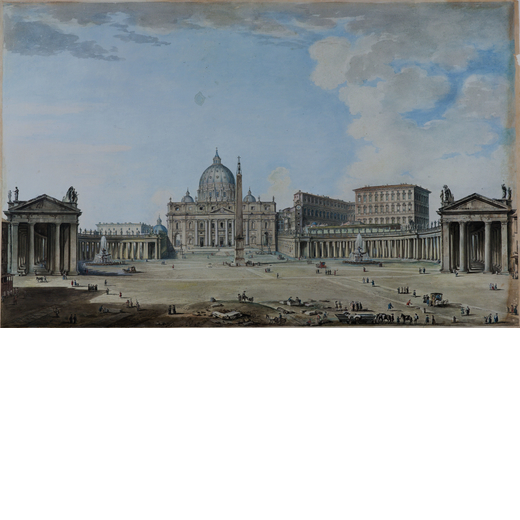 FRANCESCO PANINI  (Roma, 1745 - 1812)<br>Veduta di piazza San Pietro<br>Gesso nero e acquerello su c