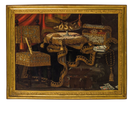 ANTONIO TIBALDI (Roma, 1635 - documentato fino al 1675)<br>Natura morta con carte da gioco, scrigno 