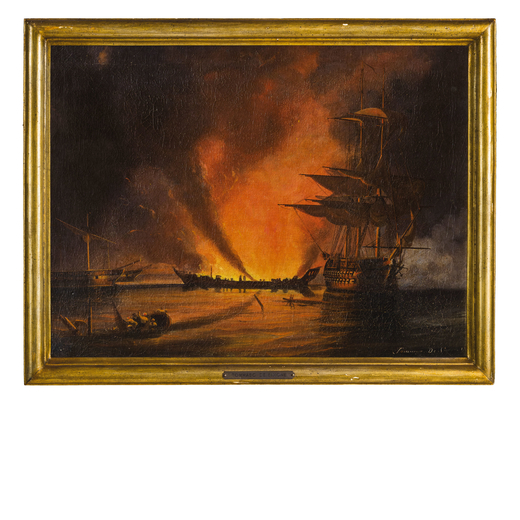 TOMMASO DE SIMONE (attivo a Napoli nel XIX secolo)<br>Incendio sul mare<br>Olio su tela, cm 39X52