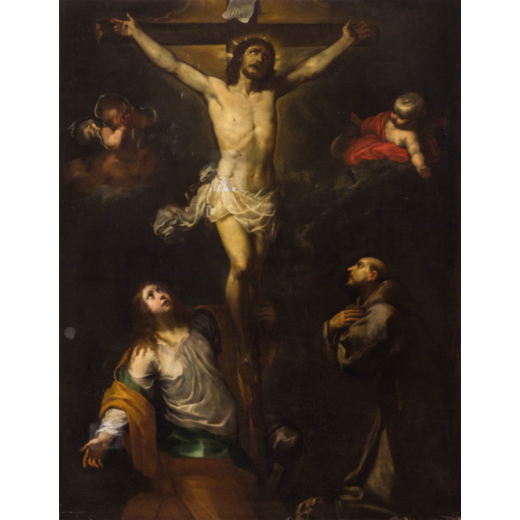 ORAZIO DE FERRARI (Voltri, 1606 - Genova, 1657) <br>Crocifissione con la Maddalena e San Francesco <