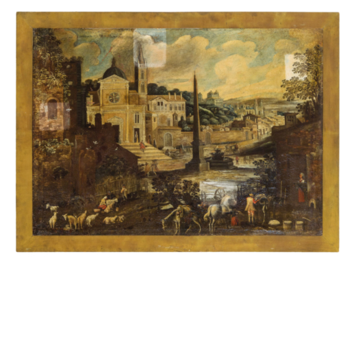 SEBASTIAN VRANCX (attr. a) (Anversa, 1573 - 1647)<br>Veduta di Piazza del Popolo <br>Olio su tela, c