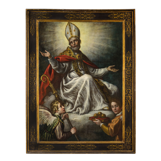 FRANCESCO CURRADI  (Firenze, 1570 - 1661)<br>San Nicola di Bari in gloria e angeli <br>Olio su tela,