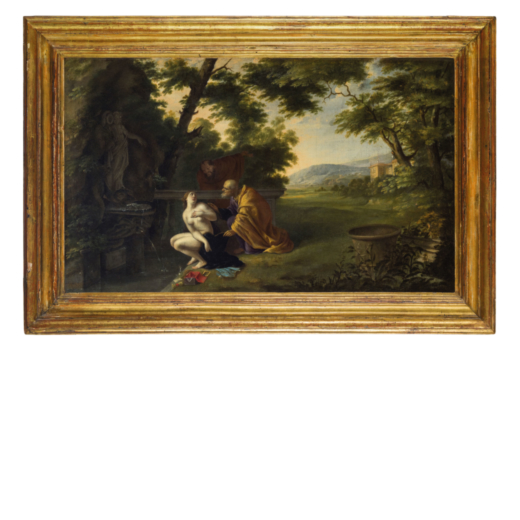 PITTORE DEL XVIII SECOLO Susanna e i vecchioni<br>Olio su tela, cm 43,5X72