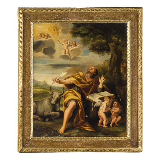 PITTORE XVIII SECOLO Paesaggio con San Luca evangelista<br>Olio su rame, cm 30X25,5