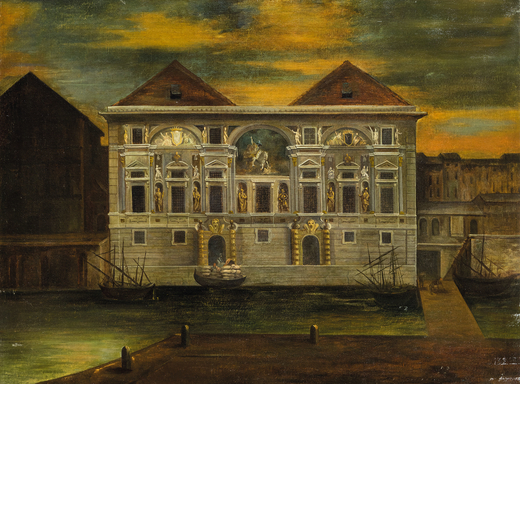 PITTORE DEL XVIII SECOLO Veduta di Palazzo San Giorgio a Genova<br>Olio su tela, cm 85X116