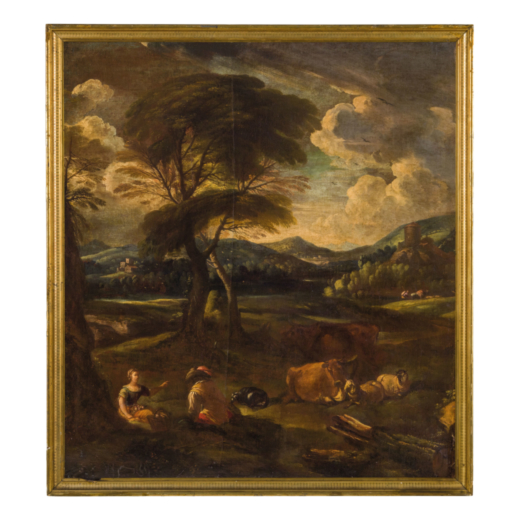 CRESCENZO ONOFRI (attr. a) (Roma, 1632 - Firenze, 1712)<br>Paesaggio con armenti e figure <br>Olio s