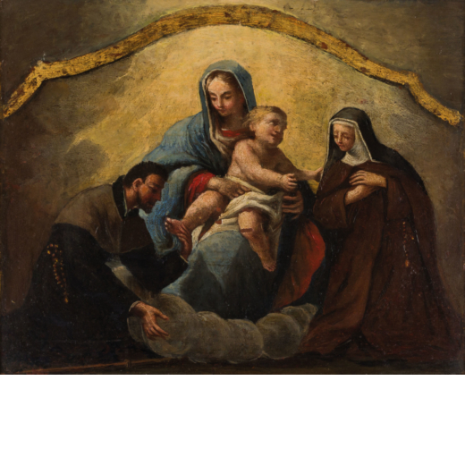 PITTORE DEL XVIII SECOLO  Madonna con il Bambino e Santi<br>Olio su tavola, cm 22X27