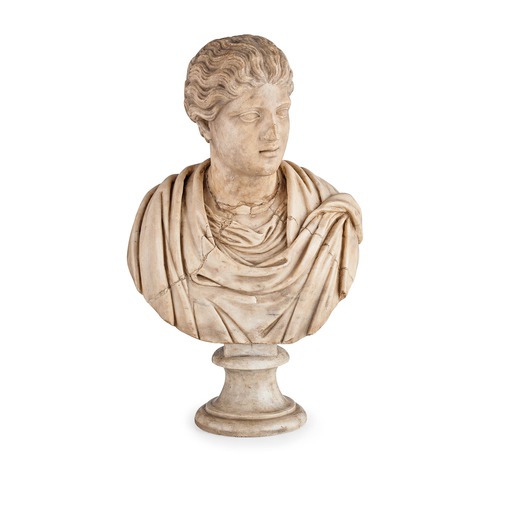 SCULTORE DEL XIX SECOLO busto di personaggio maschile dallantico, in marmo bianco su base circolare-