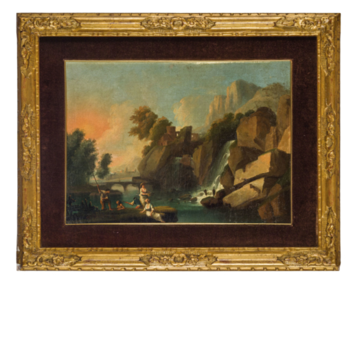 ANDREA PORTA (attr. a) (Verona, 1719 - 1805)<br>Paesaggio con cascata <br>Olio su tela, cm 39X54