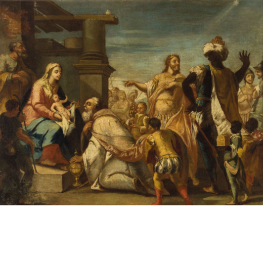GAETANO ZOMPINI (Nervesa della Battaglia, 1700 - Venezia, 1778)<br>Adorazione dei Magi <br>Olio su t