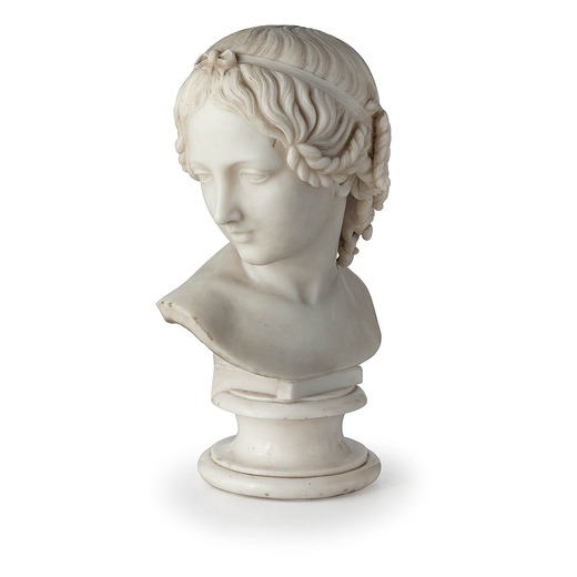 SCULTORE DEL XIX SECOLO busto di giovane donna in marmo bianco su base circolare- usure e sbeccature