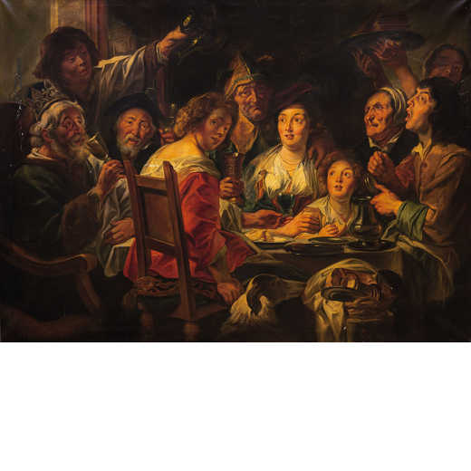 JACOB JORDAENS (maniera di) (Anversa, 1593-1678)<br>Scena di banchetto<br>Olio su tela, cm 155X213