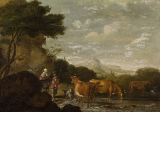 PITTORE OLANDESE DEL XVII-XVIII SECOLO Paesaggio lacustre con pastori <br>Firmato J. LENS<br>Olio su