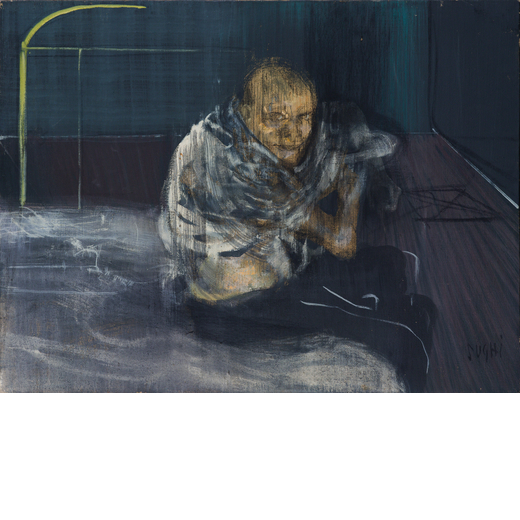 ALBERTO SUGHI Cesena 1928 - Bologna 2012<br>Uomo in una camera, 1963<br>Olio su tela, cm 60 x 80<br>