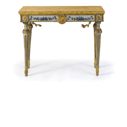CONSOLE IN LEGNO INTAGLIATO, LACCATO E DORATO, XVIII-XIX SECOLO piano impiallacciato in marmo giallo