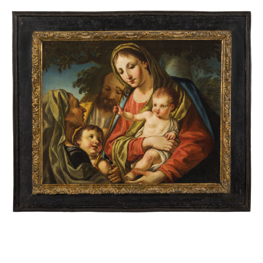 PASQUALINO ROSSI (Vicenza, 1641 - Roma, 1722)<br>Sacra Famiglia<br>Olio su tela, cm 62X71