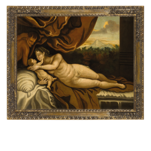 PITTORE DEL XVIII SECOLO Venere e Amore spiati da un satiro<br>Olio su tela, cm 94X121