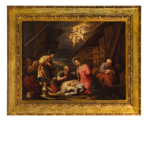 PITTORE LOMBARDO DEL XVII SECOLO Adorazione dei Pastori<br>Olio su tela, cm 52X68