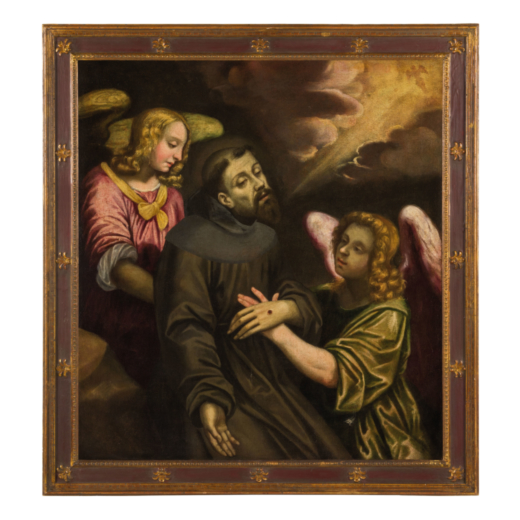 GUGLIELMO CACCIA (bottega di) (Monabone, 1568 - Moncalvo, 1625)<br>San Francesco confortato dagli an