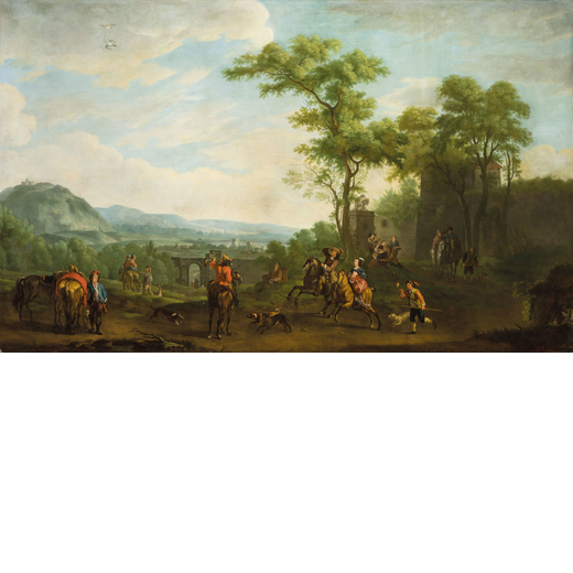 CAREL VAN FALENS (maniera di) (Anversa, 1683 - Parigi, 1733)<br>La partenza per la caccia<br>Olio su