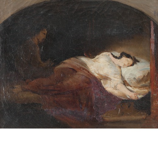 PITTORE DEL XIX SECOLO  Fanciulla assopita sul divano   <br>Olio su tela, cm 23X29