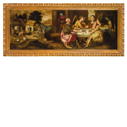 ADAM VAN NOORT (bottega di)  (Anversa, 1561 - 1641) <br>Abramo e i tre angeli<br>Olio su tavola, cm 