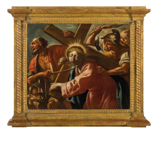 PITTORE MERIDIONALE ATTIVO NEL XVIII SECOLO Calvario di Cristo<br>Olio su tela, cm 63X77