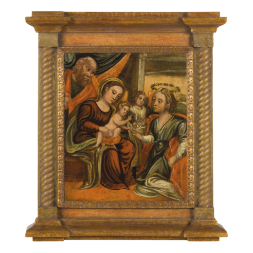 PITTORE VENETO-CRETESE DEL XVI SECOLO Sacra Famiglia<br>Olio su tavola, cm 56X46