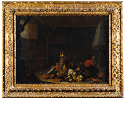 JAN SPANJAERT (attr. a) (Amsterdam, circa 1590 - dopo il 1665) <br>Interno di cucina<br>Olio su tavo