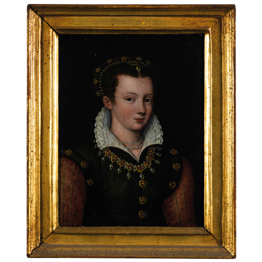 FRANÇOIS CLOUET (maniera di) (Tours, 1515 - Parigi, 1572) <br>Ritratto di dama con veste dalle mani
