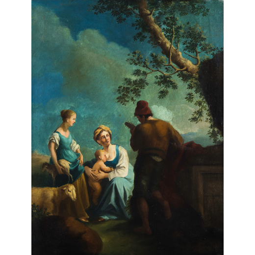 PAOLO MONALDI (maniera di) (Roma, 1710 - dopo il 1779)<br>Scena pastorale <br>Olio su tela, cm 46,8X