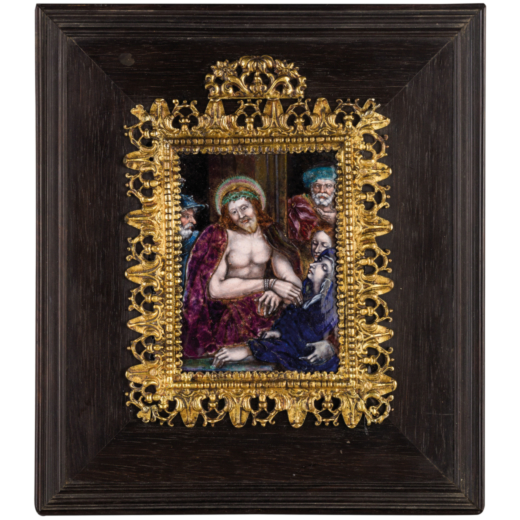 PLACCA IN SMALTO POLICROMO, LIMOGES, XVII-XVIII SECOLO raffigurante Cristo deriso, entro cornice in 