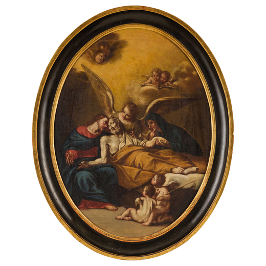 PITTORE BOLOGNESE DEL XVIII SECOLO Morte di Giuseppe<br>Olio su tela ovale, cm 59X45