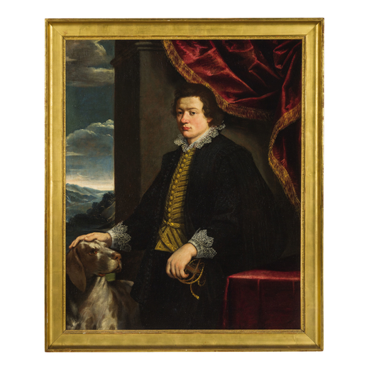 PITTORE FIORENTINO DEL XVII SECOLO Ritratto di gentiluomo con il suo cane<br>Olio su tela, cm 135,5X