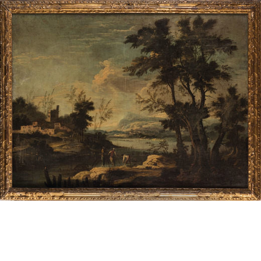 PITTORE VENETO DEL XVIII SECOLO Paesaggio<br>Olio su tela, cm 82,5X111