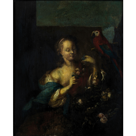 PITTORE OLANDESE DEL XVIII SECOLO  Ritratto di dama con pappagallo<br>Olio su tavola, cm 25X20,5