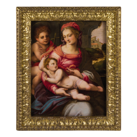 FRANCESCO BRINA (Firenze, 1540 - 1586)<br>Madonna col Bambino e San Giovannino<br>Olio su tavola, cm