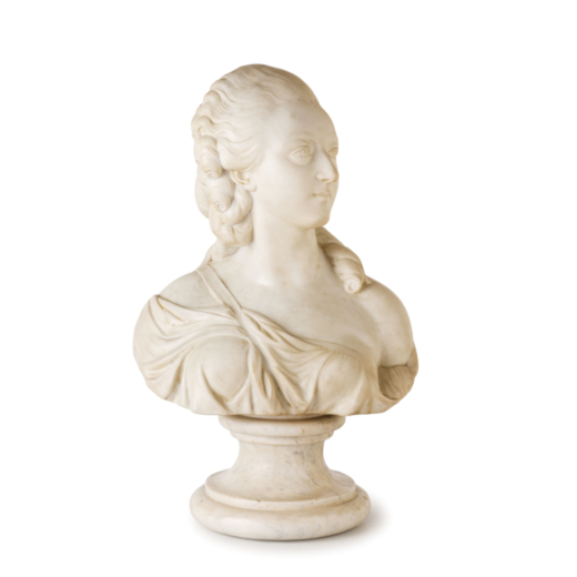 SCULTURA IN MARMO, XIX SECOLO busto di dama settecentesca, poggia su base a plinto circolare e modan