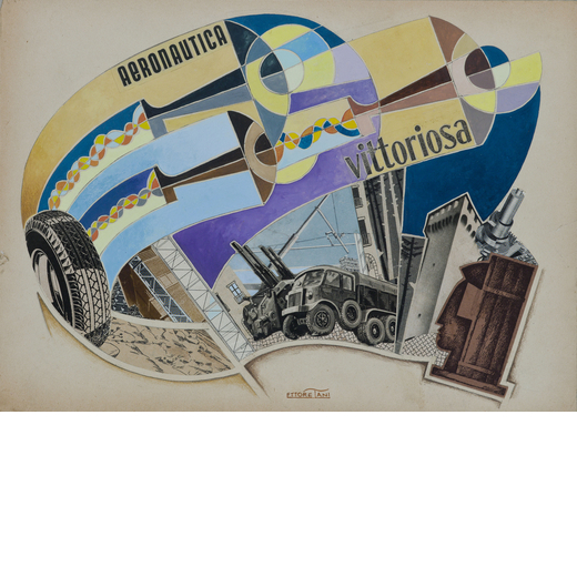 ETTORE TANI (attivo nel XX secolo)<br>Aeropittura<br>Tecnica mista e collage su cartoncino, cm 24,5 