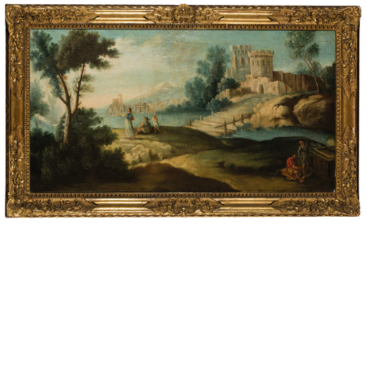 PITTORE DEL XVIII SECOLO Paesaggio con fiume, figure e torre<br>Olio su tela, cm 46X84,5
