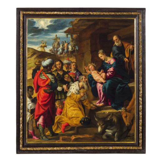 GIUSEPPE MAZZUOLI detto IL BASTAROLO (Ferrara, circa 1536 - 1589)<br>Adorazione dei Magi<br>Olio su 