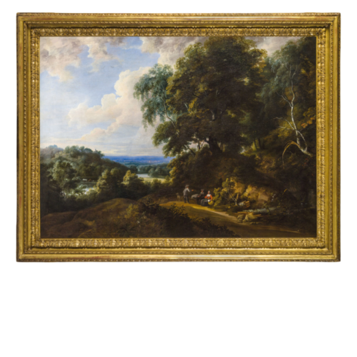 JACQUES DARTHOIS (Bruxelles, 1613 - 1686)<br>Paesaggio boschivo con viandanti <br>Olio su tela, cm 1