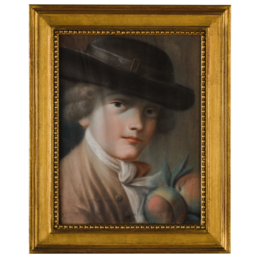 PITTORE FRANCESE DEL XVIII-XIX SECOLO Ritratto di giovane con frutti<br>Pastello su carta applicata 