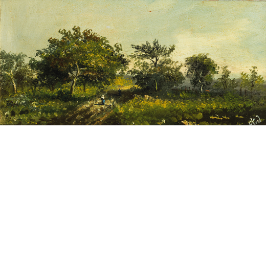 PITTORE DEL XIX SECOLO <br>Paesaggio<br>Monogramma in basso a destra<br>Olio su tavola, cm 18X36