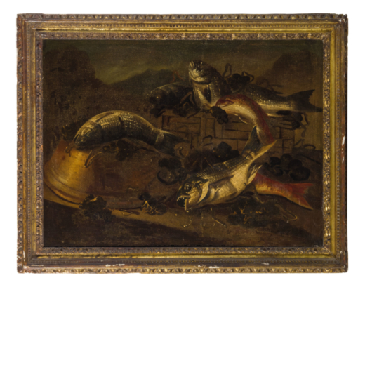 GIUSEPPE RECCO (attr. a) (Napoli, 1634 - Alicante, 1695)<br>Natura morta con pesci <br>Olio su tela,