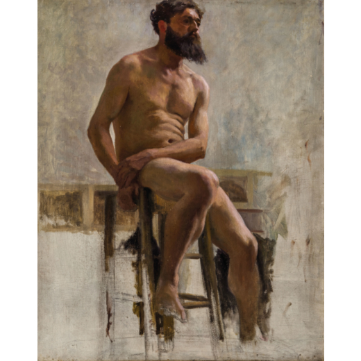 PITTORE DEL XIX SECOLO <br>Nudo maschile nello studio del pittore <br>Olio su tela, cm 81X65