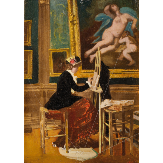 PITTORE DEL XIX SECOLO <br>Pittrice nel suo atelier <br>Olio su tavola, cm 14X10