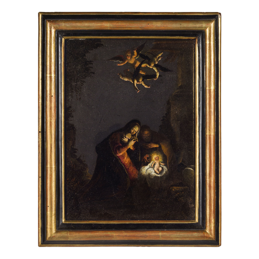 PITTORE VENETO DEL XVI-XVII SECOLO Natività<br>Olio su lavagna, cm 35X24,5