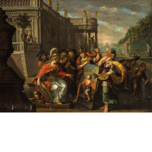 PITTORE FIAMMINGO DEL XVII-XVIII SECOLO Scena allegorica (Mercurio e Minerva proteggono le Arti)<br>