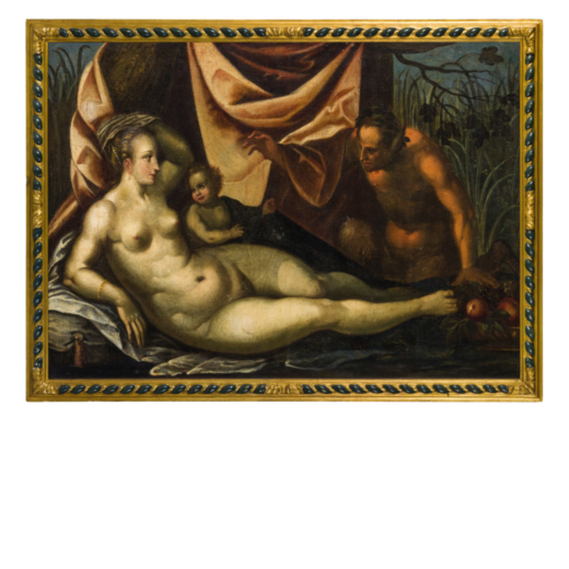 PITTORE DEL XVII SECOLO Venere e Satiro<br>Olio su tela, cm 106X148